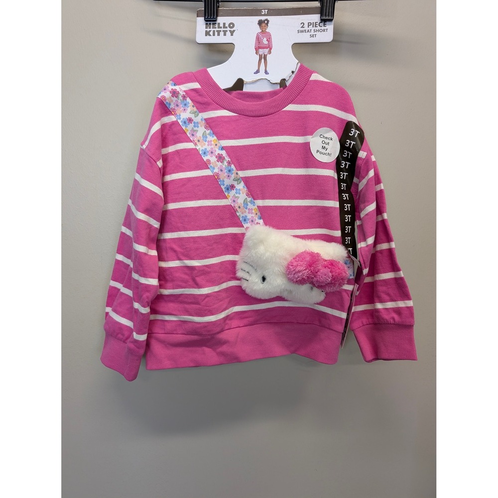 Hello Kitty Girls 2 Piece Sweat Short Set Pink Striped Pouch Sweatshirt 3T NWT